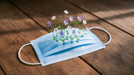 Face mask with blooming flowers on wooden surface symbolizing renewal and hope