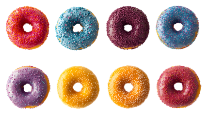 A row of colorful donuts with sprinkles on top