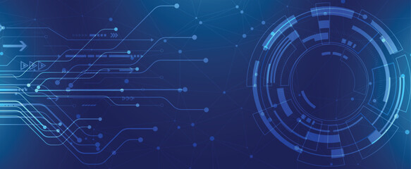 Digital circuit tech background with flowing lines and arrows on a blue futuristic grid.