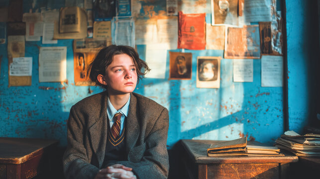 Teen boy reflecting in vintage room with sunlight and old photographs
