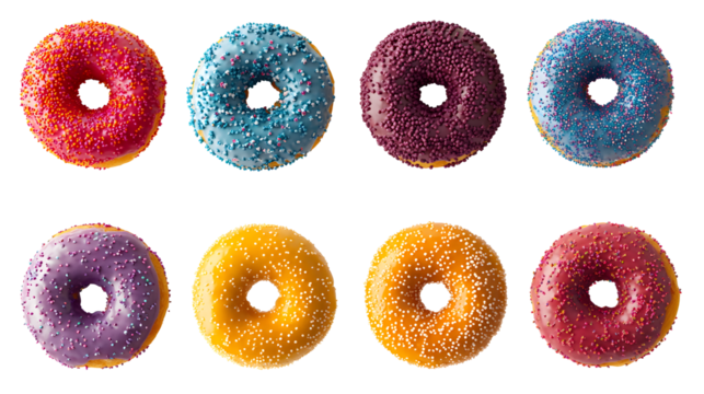 A row of colorful donuts with sprinkles on top