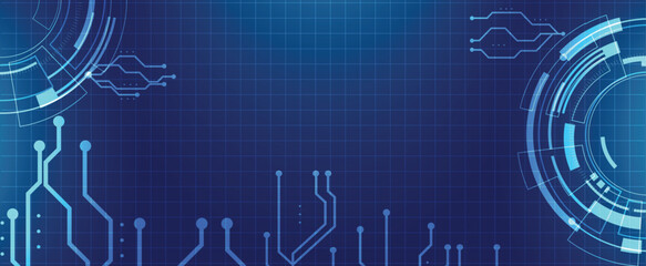 Digital circuit tech background with flowing lines and arrows on a blue futuristic grid.
