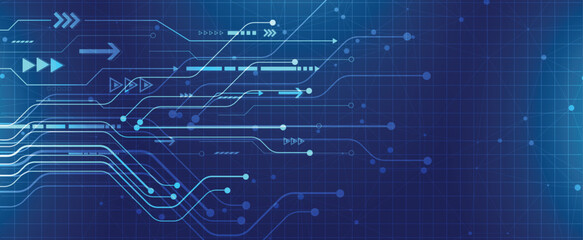 Digital circuit tech background with flowing lines and arrows on a blue futuristic grid.