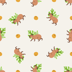 Seamless pattern with funny cartoon capybara and oranges on white background. Cute South American animal repeat design for children. Vector illustration