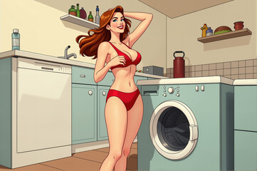 Woman in a red bikini stands in front of a washing machine. The image has a playful and lighthearted mood, as the woman is posing for the camera in a casual setting