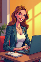 Woman is sitting at a desk with a laptop in front of her. She is wearing a suit and a necklace