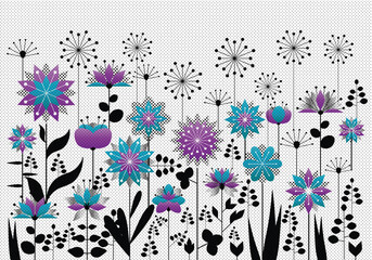 abstract floral background, colour vector symmetrical folk flowers isolated on grainy polka dots paper background, spring, summer, easter template ideal for card, banner, poster, wallpaper, cover