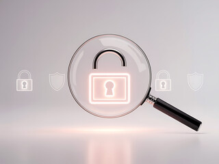 Magnifying glass scanning digital padlock on soft neutral background for cybersecurity audit