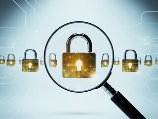 Lock icons and magnifier symbolizing password security and encrypted access protection