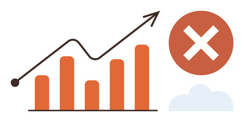 Bar chart with upward trend arrow next to cross icon and cloud shape emphasizes risk, failure, forecast issues, decision-making, growth analysis, problem-solving, strategic planning. Simple flat