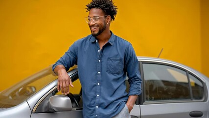 Smiling african american man in casual blue shirt leans against silver car parked in front of vibrant yellow wall, showcasing a cheerful and relaxed atmosphere with stylish urban backdrop - Powered by Adobe