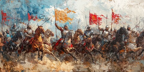 Armed soldiers in full armor charge through water with swords and spears in dramatic black and white battle scene. Generative by AI.
