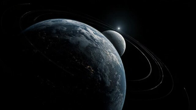 Blue and Gray Planet with Moon and Rings in Dark Space