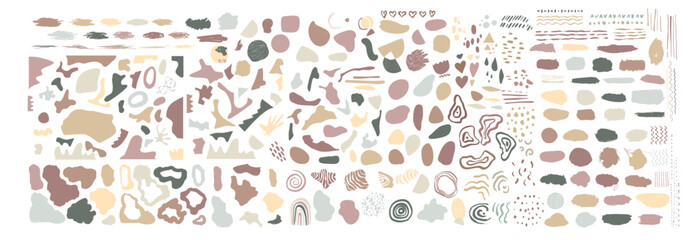 Bundle of neutral abstract organic shapes and blots isolate on white background. Earthy tones cutout elements collection for collages. Set of splashes and paint strokes for modern design.