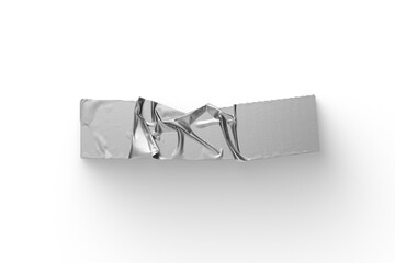 A crumpled piece of aluminum foil on a white background, showcasing texture and light reflection.
