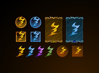 set of fantasy gothic medieval button, skill symbol and card design with thunder lightning magic elements in yellow and various color