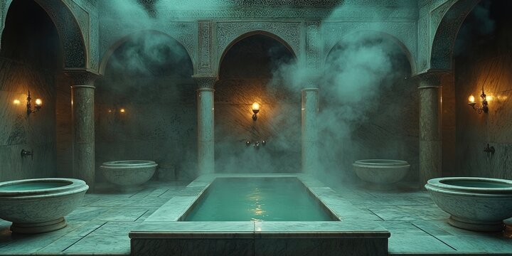 Interior of traditional hammam with marble benches, arched windows, steam, and central rectangular pool. Generative by AI.