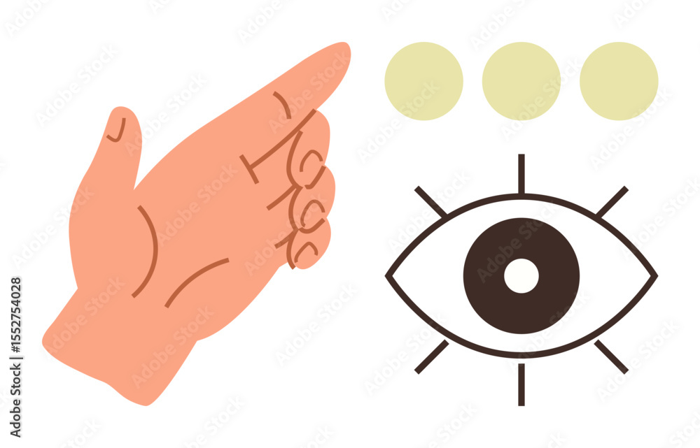 Poster open hand gesture pointing to an eye with radiating lines and three circles above. ideal for creativ