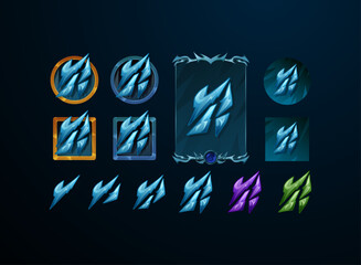 set of fantasy gothic medieval button, skill symbol and card design with ice frost magic elements in blue and various color