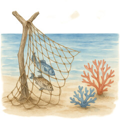 Fishing net and driftwood coastal scene with corals and sand beach on transparent background, Watercolor Illustration..