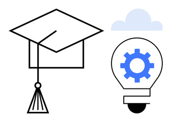 Graduation cap and lightbulb housing a gear convey education, innovation, and creativity. Ideal for learning, technology, knowledge, problem-solving, strategy, academic success and idea generation