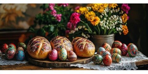Table with baskets of decorated eggs, loaves of bread, greenery, and tulips arranged on lace cloth, suggesting festive setting. Generative by AI.
