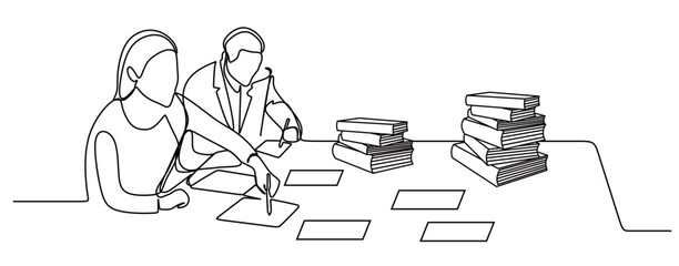 Continuous one line drawing of a group of men and women in work clothes having a meeting and discussing work with gadgets and books. concept of success in business. Vector illustration.