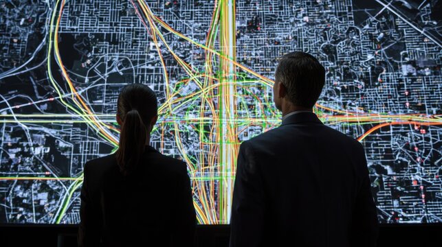 Two professionals in dark suits intently analyze a vibrant, multicolored city map displaying intricate transportation routes on a high-tech screen in a modern urban planning setting.