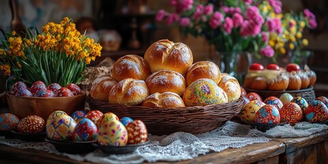 Table with baskets of decorated eggs, loaves of bread, greenery, and tulips arranged on lace cloth, suggesting festive setting. Generative by AI.
