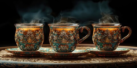 Steaming floral-patterned teapot flanked by two matching teacups on golden tray, placed outdoors with blurred foliage in background. Generative by AI.