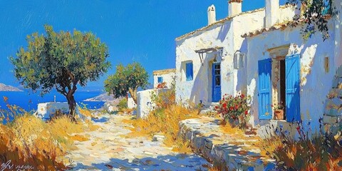 Sunlit whitewashed alley lined with blue doors and potted flowers in narrow Mediterranean village street. Generative by AI.