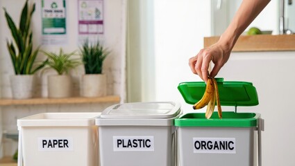 Modern kitchen with three recycling bins woman sorting banana peel into compost container, Selective Focus