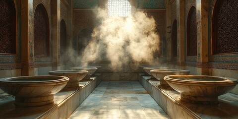 Interior of traditional hammam with marble benches, arched windows, steam, and central rectangular pool. Generative by AI.