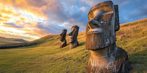 Moai stone statues standing in grassy field under dramatic sunset sky, long shadows cast across the landscape. Generative by AI.
