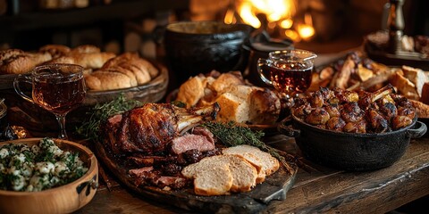 Roasted meat, bread, and assorted food with drinks served on wooden table near fireplace in cozy setting. Generative by AI.