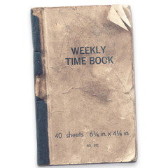 A worn weekly time book for tracking hours worked, featuring a simple cover design.