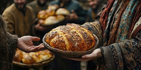 Woman in folk dress holding a large loaf of bread in basket during outdoor celebration with people in traditional clothing. Generative by AI.