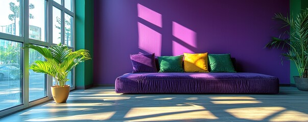 Purple sofa in a bright modern interior with yellow walls and green plants