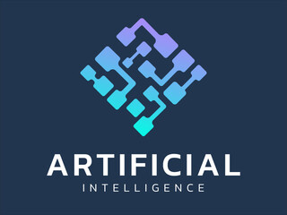 Artificial intelligence with network of cube square Technology Analysis logo vector design concept. AI technology logotype symbol for advance technology, tech company, identity, robotic, ui, website.