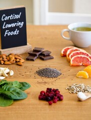 Top-down layout of natural foods that reduce cortisol level, nuts, spinach, chocolate, citrus, garlic and tea in flat lay setup for stress relief and hormone support, Selective Focus