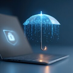 Digital umbrella covering laptop, glowing blue shield metaphor for cybersecurity protection, cyber insurance coverage concept for sensitive data and remote work, Selective Focus