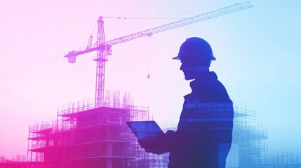 Construction Worker with Laptop, Double Exposure, Vibrant Hues