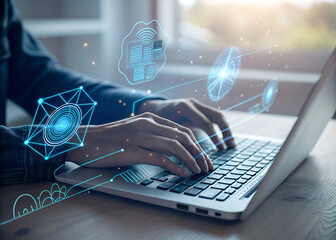 hands typing on laptop keyboard with digital circuit lines data nodes and abstract tech interface in blue tone cybersecurity coding futuristic background transformation computer technology connection
