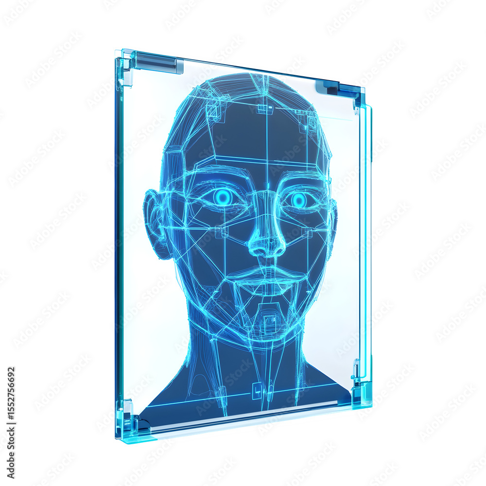 Poster realistic product facial recognition scanner interface in a transparent screen isolated on pure whit
