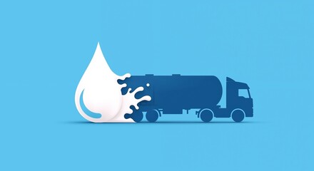 Milk Tanker Truck Droplet Splash Blue Background Dairy Transportation. Commercial Delivery Vehicle Logistics Supply Chain Distribution. Food Industry Concept