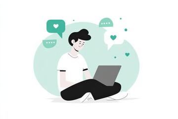 Flat illustration of happy young man sitting with laptop, sending messages and likes on social media, modern online communication concept, Flat Illustration