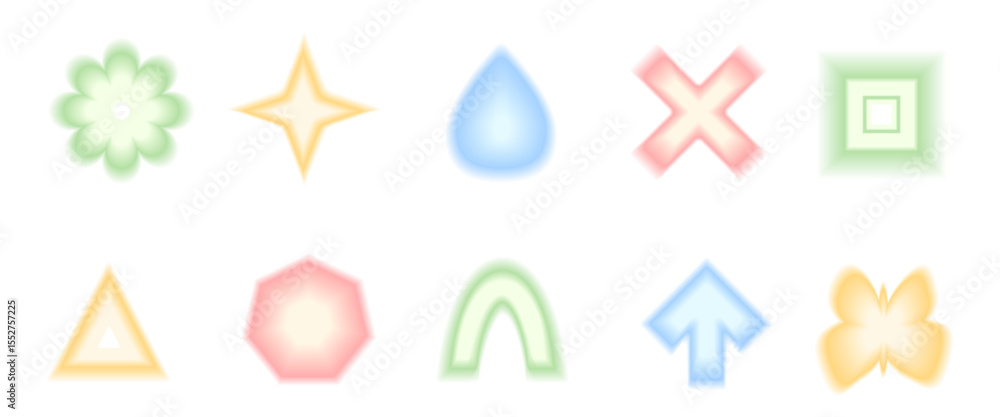 Aufkleber y2k retro gradation triangle, drop and arrow with flower forms. blur gradient geometric shape set. c