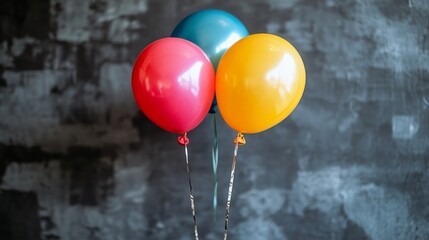 Colorful balloons against a textured gray wall, party decorations