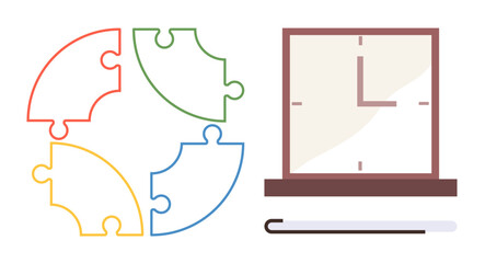 Multicolored interlocking puzzle pieces beside a wall clock and pointer highlighting collaboration, efficiency, time optimization, training, strategies, skill-building, and problem-solving. A simple