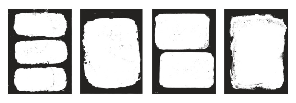 Grunge frames set templates. Ink paint border with rough edges for poster and banner. Retro textured overlays. Rectangular old black abstract flyer backgrounds. Vector design illustration.